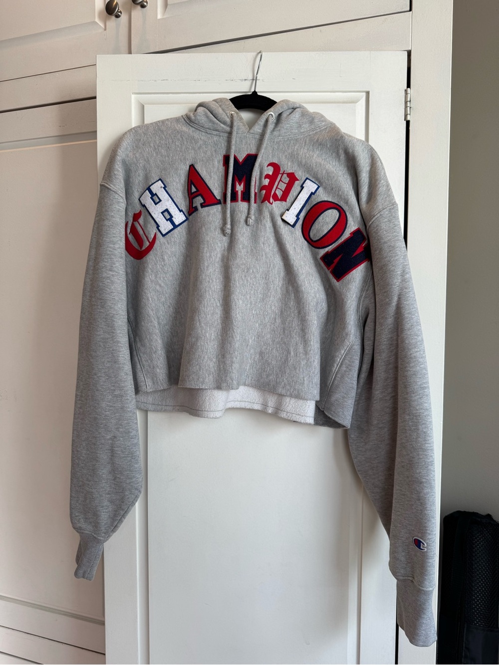 Champion Gray Cropped Hoodie with Red & Navy Logo
